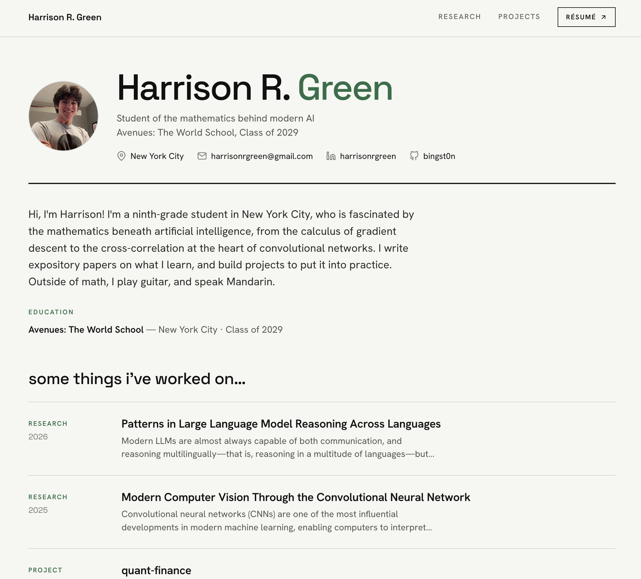 Harrison R. Green's generated site: photo, bio, education, and a list of research papers and projects